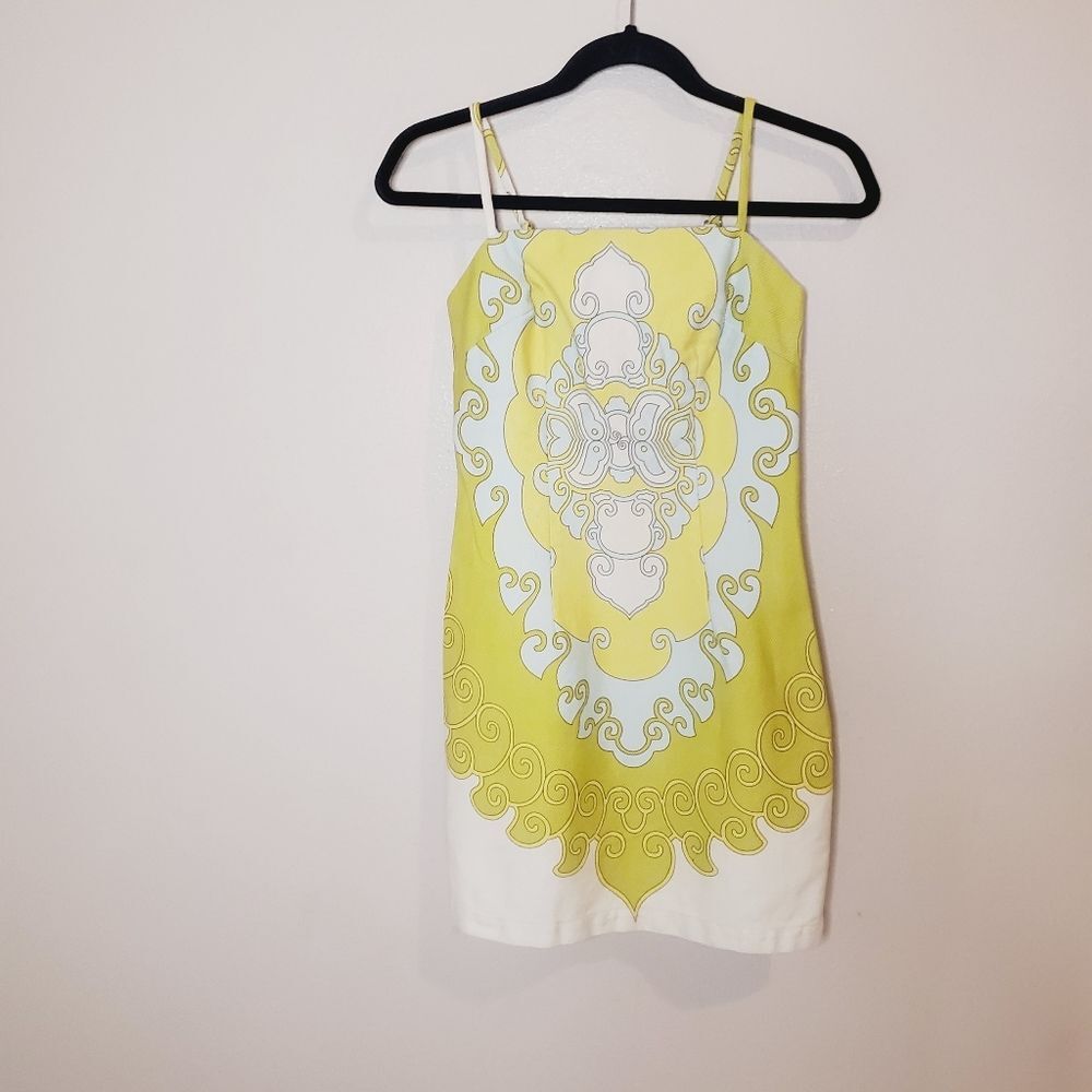 Tori Richard Sage moss Yellow white Pattern square neckline mini Shift Dress